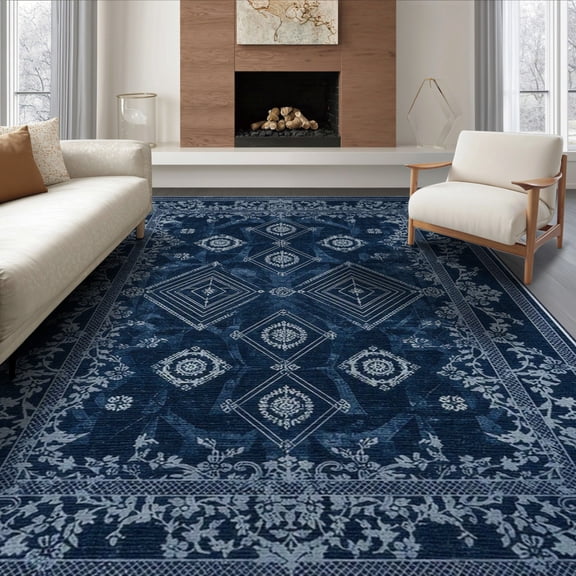 ODIKA 8'x10' Navy Blue Floral Design Washable Area Rug Tufted Motif with Non-Shedding, Easy Care, for King Size Bedroom Under Bed, Master Suite