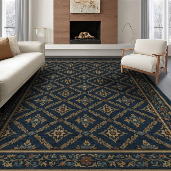 ODIKA 8'x10' Navy Blue Floral Geometric Washable Area Rug Intricate Lattice Design With Classic Motif And Ornate Border for Dining Room, Large Office, Lounge, Non-Slip Chair-Friendly Mat