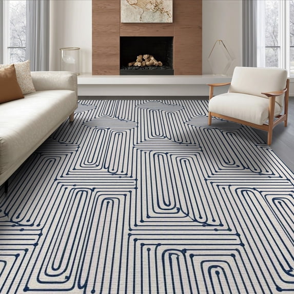 ODIKA 8'x10' Navy Blue Geometric Maze Washable Area Rug Modern Labyrinth Motif With Intricate Rectangular Border Durable, Non-Slip for Living Room, Under Sectional, Family