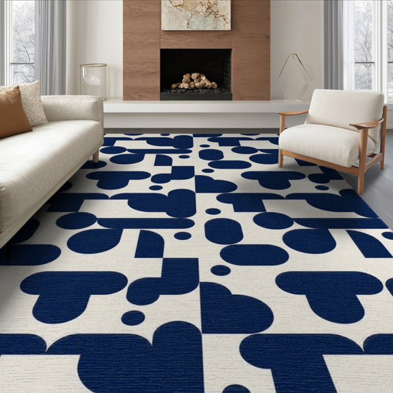 ODIKA 8'x10' Navy Blue Modern Geometric Abstract Washable Area Rug Contemporary Rounded Shapes Interlocking Modular Design Mid Century Durable, Non-Slip for Living Room, Under Sectional, Family