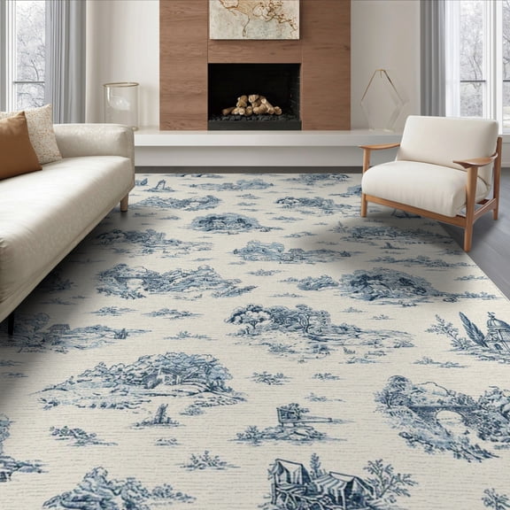 ODIKA 8'x10' Navy Blue Scenic Toile Provence Washable Area Rug Countryside Motif With Classic Architectural Details Non-Slip Chair-Friendly Mat for Dining Room, Large Office, Lounge