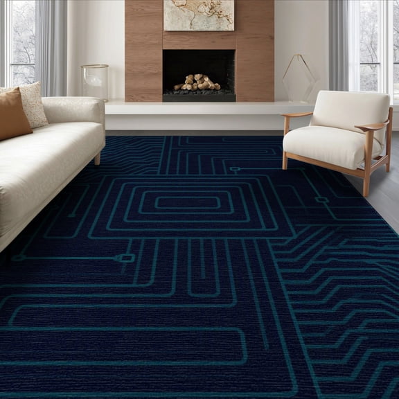 ODIKA 8'x10' Navy Blue Teal Circuit Board Labyrinth Washable Area Rug Modern Electronic Pathway Maze With Intricate Grid for King Size Bedroom Under Bed, Master Suite, Non-Shedding, Easy Care