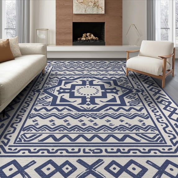 ODIKA 8'x10' Navy Cream Geometric Medallion Design Washable Area Rug Intricate Pattern with Accents Durable, Non-Slip for Living Room, Under Sectional, Family