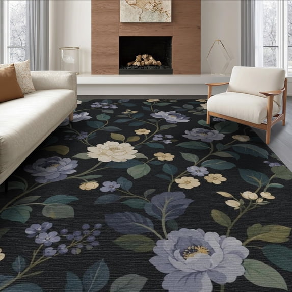 ODIKA 8'x10' Navy Floral Elegance Future Nature Washable Area Rug Timeless Botanical Design with Modern Flair Non-Slip Chair-Friendly Mat for Dining Room, Large Office, Lounge