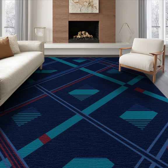 ODIKA 8'x10' Navy Geometric Diagonal Washable Area Rug Modern Abstract Lines With Diamond Accents In Dynamic Layout Non-Slip Chair-Friendly Mat for Dining Room, Large Office, Lounge