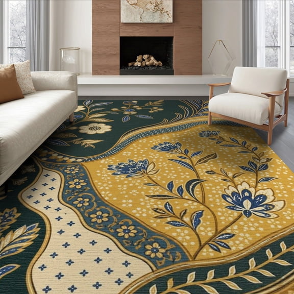 ODIKA 8'x10' Navy Gold Elegance with Golden Floral Washable Area Rug Intricate Botanical Patterns and Vintage Charm Non-Slip Chair-Friendly Mat for Dining Room, Large Office, Lounge