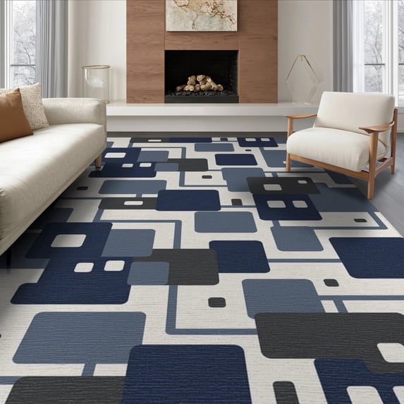 ODIKA 8'x10' Navy Gray Geometric Squares Contemporary Washable Area Rug Overlapping Block Pattern Abstract Design Mid Durable, Non-Slip for Living Room, Under Sectional, Family