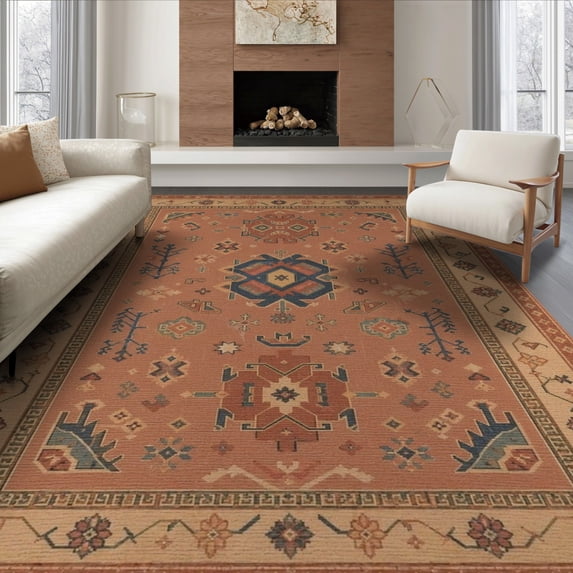 ODIKA 8'x10' Navy Terracotta Tribal Pattern Decor Washable Area Rug Intricate Geometric Design with Floral Accents Durable, Non-Slip for Living Room, Under Sectional, Family