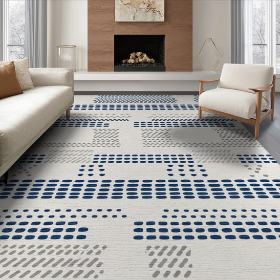 ODIKA 8'x10' Navy White Geometric Dot Pattern Washable Area Rug Modern Design with Abstract Shapes for King Size Bedroom Under Bed, Master Suite, Non-Shedding, Easy Care