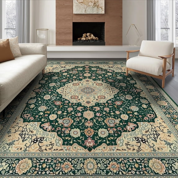 ODIKA 8'x10' Olive Green Beige Boho Vintage Washable Area Rug Tuscan Medallion Cottagecore Scroll Symmetrical Antique Layout Durable, Non-Slip for Living Room, Under Sectional, Family