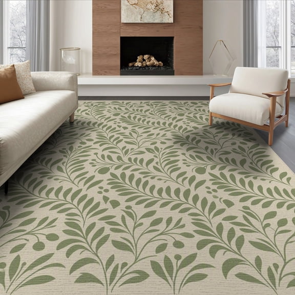 ODIKA 8'x10' Olive Green Botanical Leaf Branch Washable Area Rug Flowing Foliage Motif With Delicate Stems And Natural In Classic Non-Slip Chair-Friendly Mat for Dining Room, Large Office, Lounge