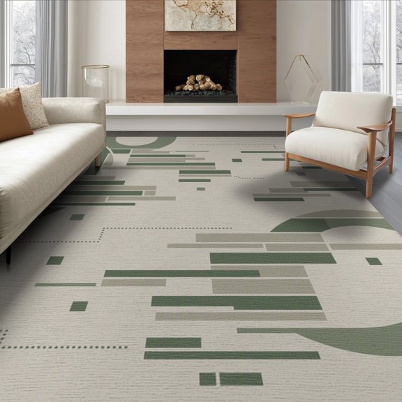 ODIKA 8'x10' Olive Green Geometric Art Striated Washable Area Rug Modern Abstract Design With Border Ornamental for Dining Room, Large Office, Lounge, Non-Slip Chair-Friendly Mat
