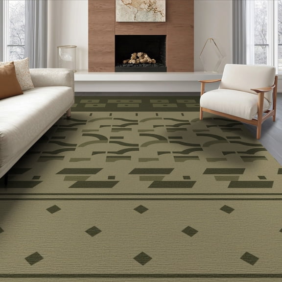 ODIKA 8'x10' Olive Green Geometric Bands Modern Washable Area Rug Contemporary Southwestern Striped Design for Living Room, Under Sectional, Family , Durable, Non-Slip