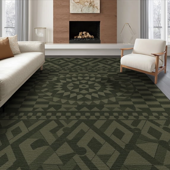 ODIKA 8'x10' Olive Green Geometric Checkered Design Washable Area Rug Intricate Patterns with Modern Flair Durable, Non-Slip for Living Room, Under Sectional, Family