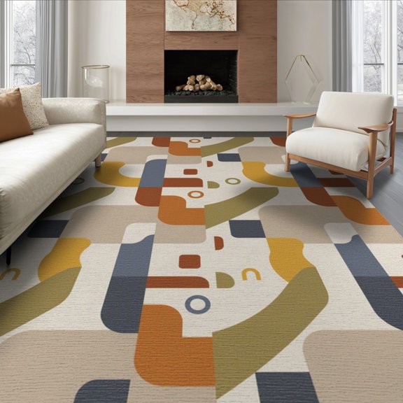 ODIKA 8'x10' Olive Green Geometric Ochre Washable Area Rug Modern Abstract With Retro Flair And Design for Dining Room, Large Office, Lounge, Non-Slip Chair-Friendly Mat