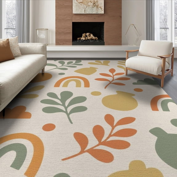 ODIKA 8'x10' Olive Green Retro Floral Pattern Washable Area Rug Scandi Design with Mustard Accents for Dining Room, Large Office, Lounge, Non-Slip Chair-Friendly Mat