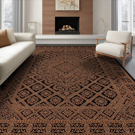 ODIKA 8'x10' Orange And Black Traditional Mosaic Washable Area Rug Interlocking Tile Diamond Grid Ornate Geometry Bordered Frame Non-Slip Chair-Friendly Mat for Dining Room, Large Office, Lounge