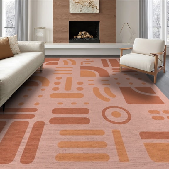 ODIKA 8'x10' Orange Geometric Labyrinth Design Accent Washable Area Rug Intricate Abstract Maze with Modern Aesthetic for King Size Bedroom Under Bed, Master Suite, Non-Shedding, Easy Care