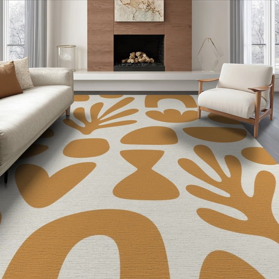 ODIKA 8'x10' Orange Mid Century Modern Shapes Washable Area Rug Abstract Danish Pattern with Organic Forms for Dining Room, Large Office, Lounge, Non-Slip Chair-Friendly Mat