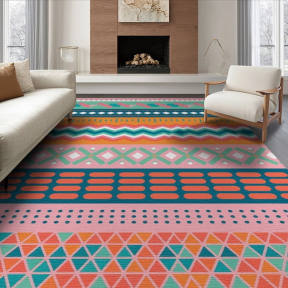 ODIKA 8'x10' Pink Teal Vibrant Geometric Design Washable Area Rug Bold Stripes and Zigzag Pattern Inspiration Durable, Non-Slip for Living Room, Under Sectional, Family