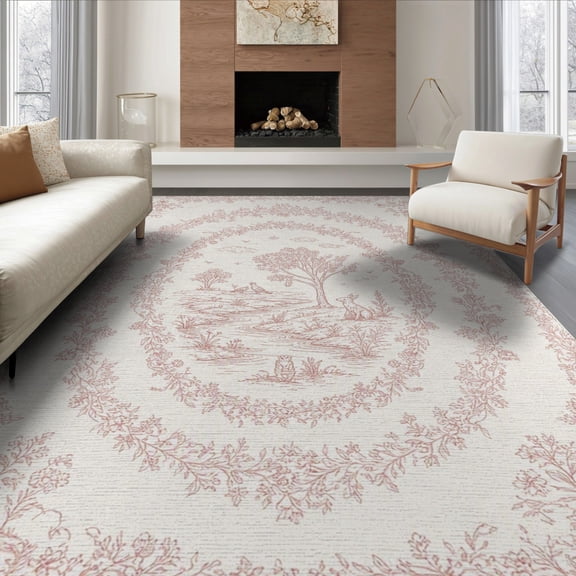 ODIKA 8'x10' Pink Whimsical Garden Toile Pastoral Washable Area Rug Delicate Botanical Scenes with Rabbits Birds for King Size Bedroom Under Bed, Master Suite, Non-Shedding, Easy Care