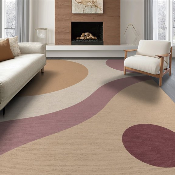 ODIKA 8'x10' Red Beige Minimal Retro Abstract Design Washable Area Rug Elegant Curved Patterns with Vintage Flair Durable, Non-Slip for Living Room, Under Sectional, Family