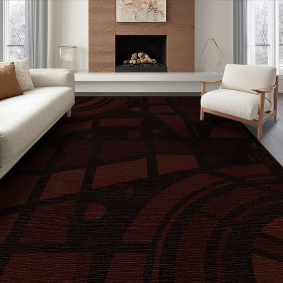 ODIKA 8'x10' Red Deep Modern Geometric Abstract Wine Washable Area Rug Contemporary Curved Lines Architectural Block Durable, Non-Slip for Living Room, Under Sectional, Family