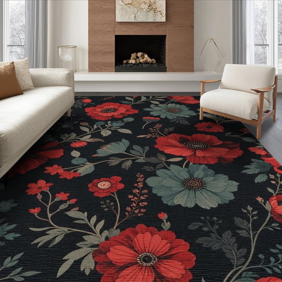 ODIKA 8'x10' Red Teal Floral Elegance with Timeless Washable Area Rug Intricate Botanical Patterns for Sophisticated Non-Slip Chair-Friendly Mat for Dining Room, Large Office, Lounge
