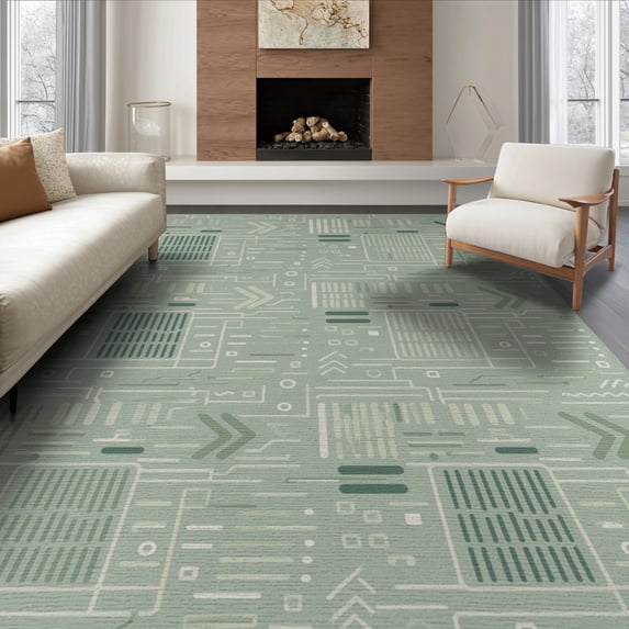 ODIKA 8'x10' Sage Green Circuit Board Geometric Washable Area Rug Contemporary Tech Digital Design With And Modern Durable, Non-Slip for Living Room, Under Sectional, Family