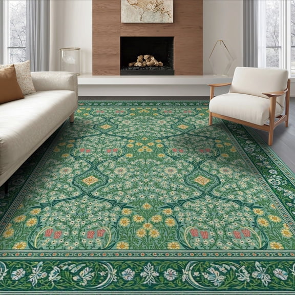 ODIKA 8'x10' Sage Green Floral Washable Area Rug Intricate Botanical Motifs With Classic Ornamental Borders for Dining Room, Large Office, Lounge, Non-Slip Chair-Friendly Mat