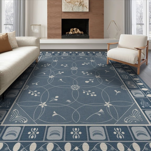 ODIKA 8'x10' Slate Blue Floral Charcoal Washable Area Rug Botanical Motif With Intricate Geometric Border Design for Living Room, Under Sectional, Family , Durable, Non-Slip