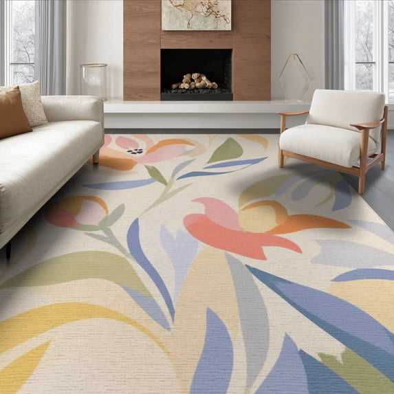 ODIKA 8'x10' Soft Pastel Florals Blooms in Butter Hues Washable Area Rug Elegant Floral Design with Artistic Flair Durable, Non-Slip for Living Room, Under Sectional, Family
