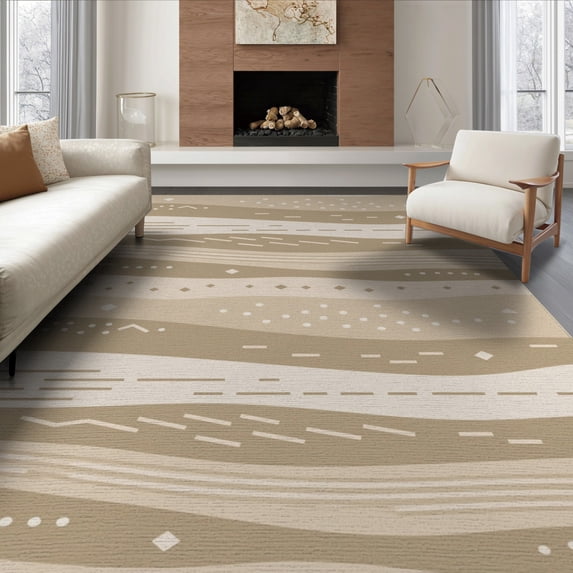 ODIKA 8'x10' Tan Beige Abstract Flowing Wave Geometric Washable Area Rug Contemporary Minimalist Horizontal Striped Diamond for Living Room, Under Sectional, Family , Durable, Non-Slip