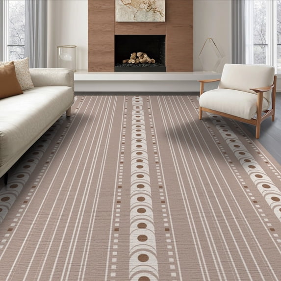 ODIKA 8'x10' Tan Beige Geometric Striped Bohemian Washable Area Rug Modern Vertical Bands With Circular Motifs Non-Slip Chair-Friendly Mat for Dining Room, Large Office, Lounge