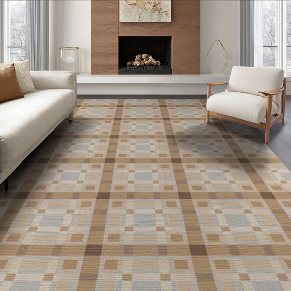 ODIKA 8'x10' Tan Brown Modern Geometric Plaid Checkered Washable Area Rug Contemporary Square Grid Motif with Neutral Tonal for King Size Bedroom Under Bed, Master Suite, Non-Shedding, Easy Care