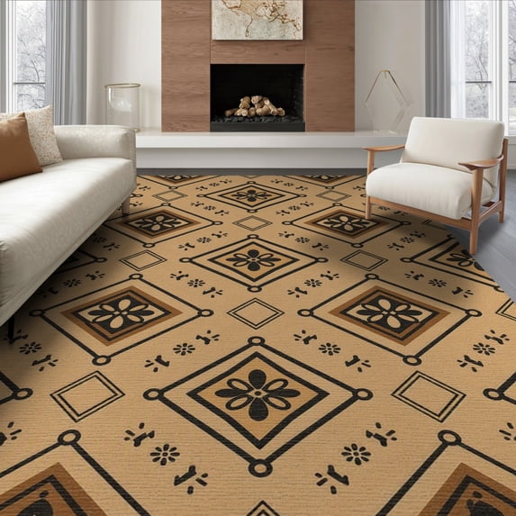 ODIKA 8'x10' Tan Diamond Floral Medallion Washable Area Rug Geometric Lattice Design With Ornate Botanical Motifs And Decorative Durable, Non-Slip for Living Room, Under Sectional, Family