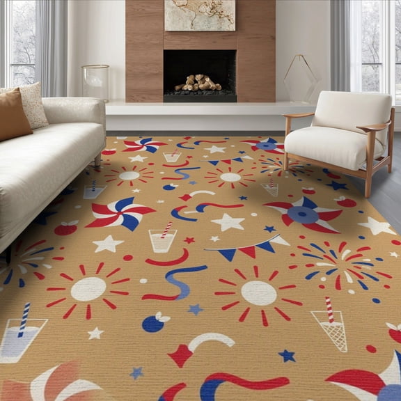 ODIKA 8'x10' Tan Festive Stars And Stripes Design Washable Area Rug Playful Summer Motifs Ornamental Balanced Border Layout for King Size Bedroom Under Bed, Master Suite, Non-Shedding, Easy Care
