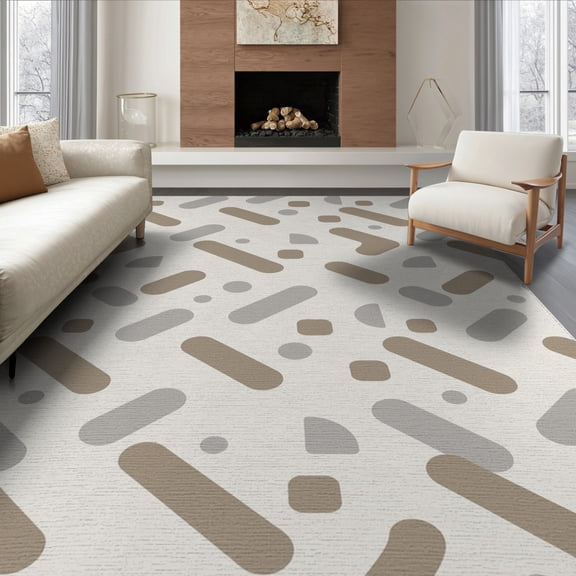 ODIKA 8'x10' Tan Gray Modern Geometric Diagonal Striped Washable Area Rug Contemporary Abstract Shapes Rounded Rectangle Non-Slip Chair-Friendly Mat for Dining Room, Large Office, Lounge