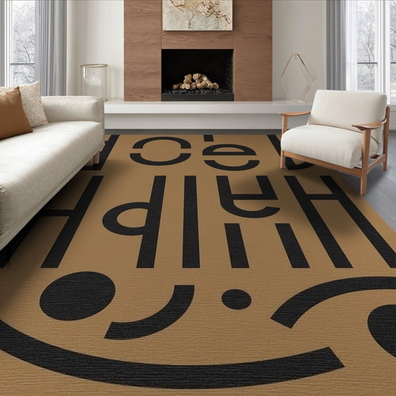 ODIKA 8'x10' Tan Modern Typography Hello Geometric Washable Area Rug Contemporary Abstract Lettering With Curved Lines And Bold Graphic for Living Room, Under Sectional, Family , Durable, Non-Slip