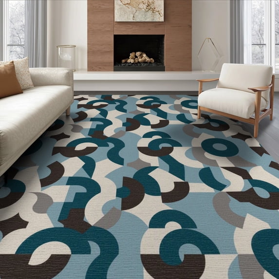 ODIKA 8'x10' Teal Blue Geometric Slate Washable Area Rug Modern Abstract With Dynamic Shapes And Bold Design Non-Slip Chair-Friendly Mat for Dining Room, Large Office, Lounge