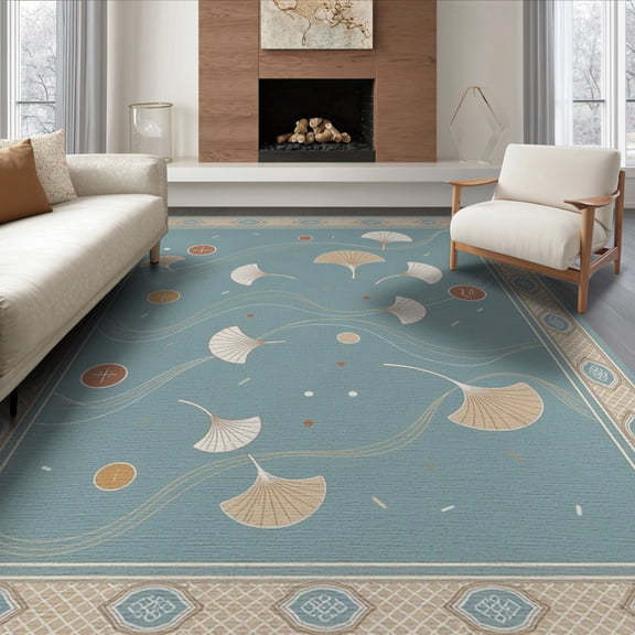 ODIKA 8'x10' Teal Blue Leaf Flowing Wave Design Washable Area Rug Contemporary Botanical Motif With Geometric Border Frame And Durable, Non-Slip for Living Room, Under Sectional, Family