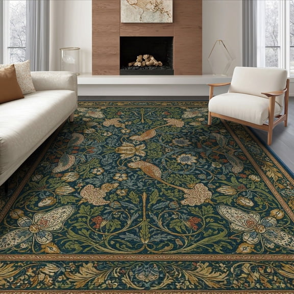ODIKA 8'x10' Teal Deep Victorian Floral Medallion Washable Area Rug Traditional Symmetrical Botanical Scrollwork for King Size Bedroom Under Bed, Master Suite, Non-Shedding, Easy Care