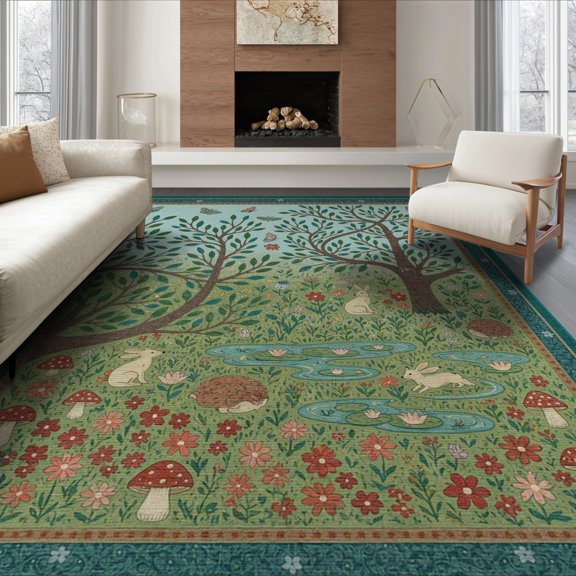 ODIKA 8'x10' Teal Green Whimsy Woods Multicolor Washable Area Rug Enchanting Forest Scene With Playful Wildlife And Floral for Dining Room, Large Office, Lounge, Non-Slip Chair-Friendly Mat