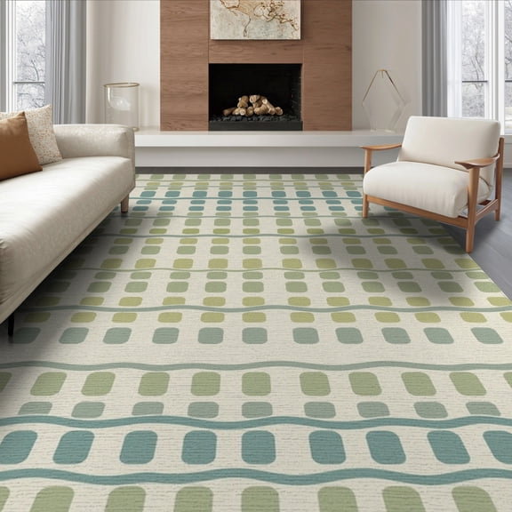 ODIKA 8'x10' Teal Moss Poppy Handwoven Wool Design Washable Area Rug Modern Geometric Waves and Rectangles for Dining Room, Large Office, Lounge, Non-Slip Chair-Friendly Mat