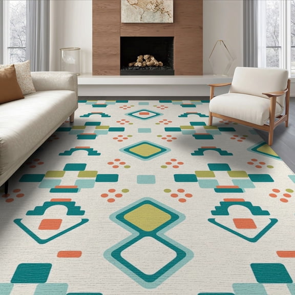ODIKA 8'x10' Teal Multi Geometric Cross Pattern Washable Area Rug Contemporary Southwestern Inspired Aztec Motifs Non-Shedding, Easy Care, for King Size Bedroom Under Bed, Master Suite
