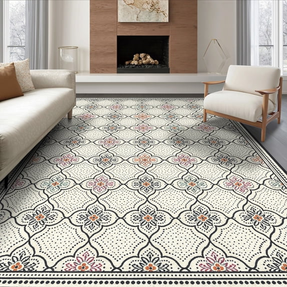 ODIKA 8'x10' Ultra-Soft Area Rug, Aesthetic Boho Decorative Motif Delicate Dotted Bathroom Printed None Washable, Bare feet friendly, Silk-Touch for Bedroom, Under Sectional