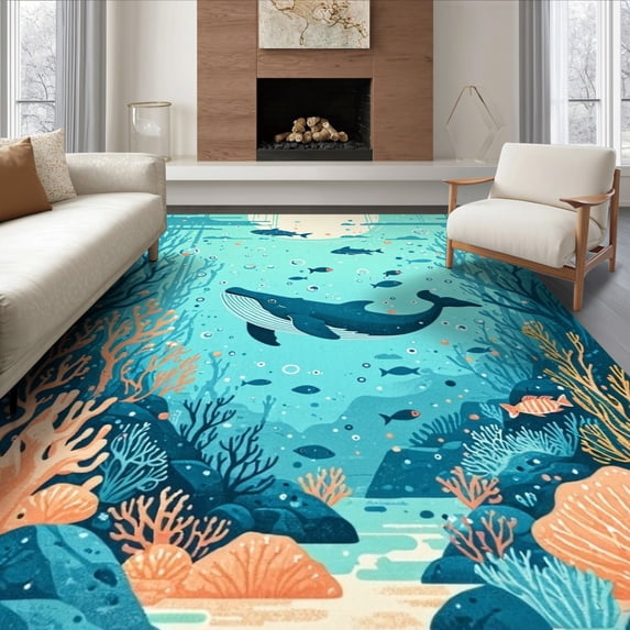 ODIKA 8'x10' Ultra-Soft Area Rug, Animals Whale Turtle Underwater Cartoon Coral Reef Ocean Nautical None Washable, Bare feet friendly, Silk-Touch for Bedroom, Under Sectional