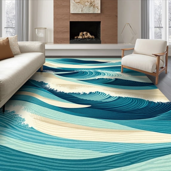ODIKA 8'x10' Ultra-Soft Area Rug, Bathroom Nautical Compass Wave Border Decorative Ocean Funky None Washable, Bare feet friendly, Silk-Touch for Bedroom, Under Sectional