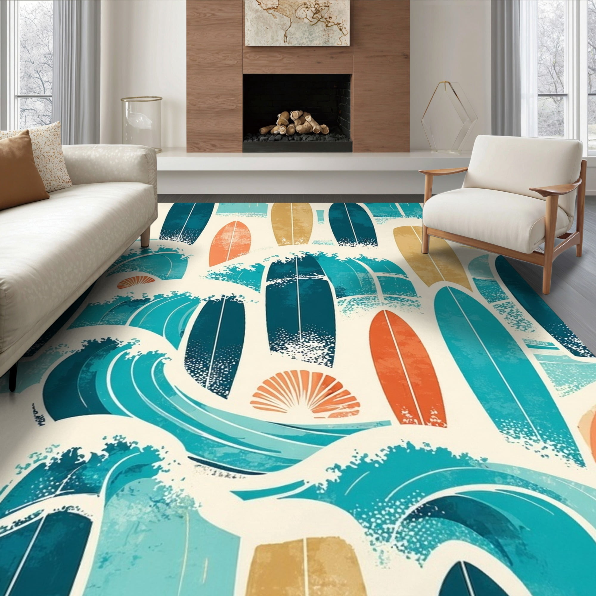 ODIKA 8'x10' Ultra-Soft Area Rug, Bathroom Ocean Wave Funky Surfboard ...