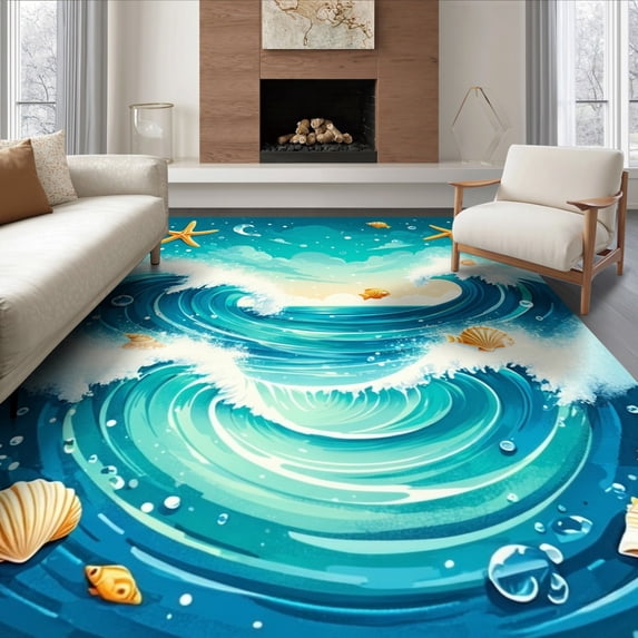 ODIKA 8'x10' Ultra-Soft Area Rug, Bathroom Ocean Wave Tufted Starfish Seashell Beachy Nautical None Washable, Bare feet friendly, Silk-Touch for Bedroom, Under Sectional
